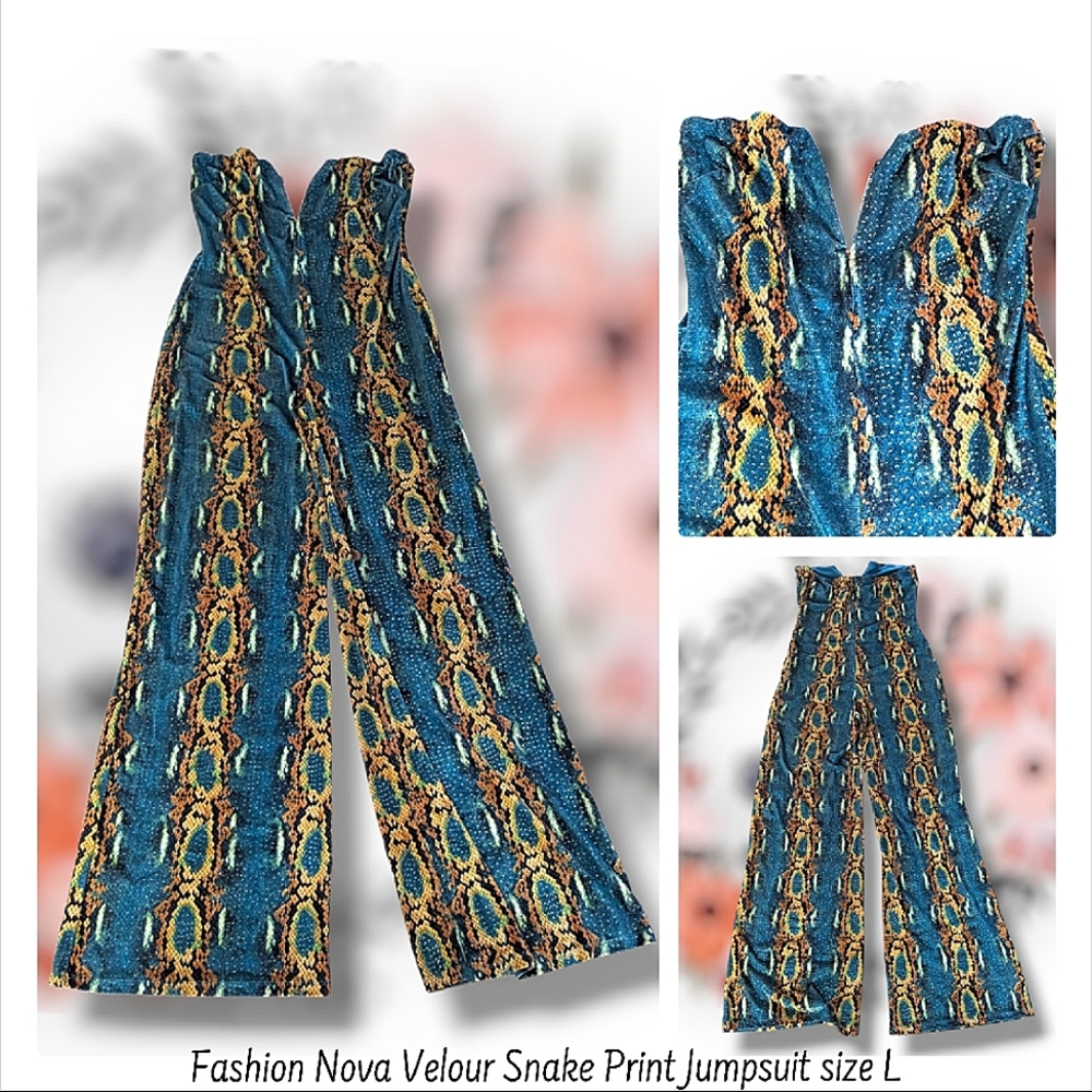 💕Fashion Nova Velour Snake Print Strapless Jumpsuit size XL